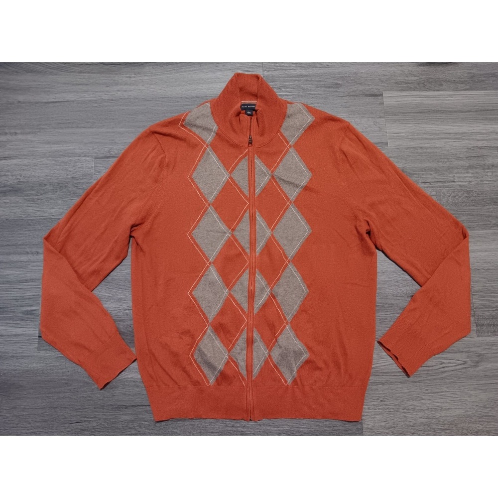Banana Republic Men's Orange Gray Argyle Full Zip Cotton Zip Sweater Size Large
